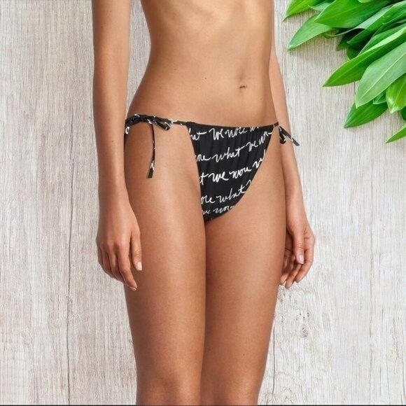 WEWOREWHAT Ruched String Logo Bikini Bottom in Black White XL - Picture 3 of 8